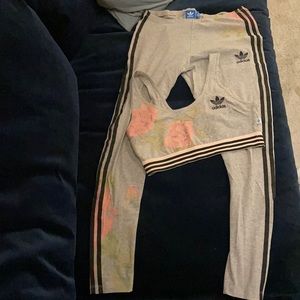 Adidas bra and leggings set - gray with pink rose print size medium
